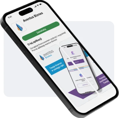 Telefon przedstawiający aplikację Aventus Biznes dostępną na Google Play